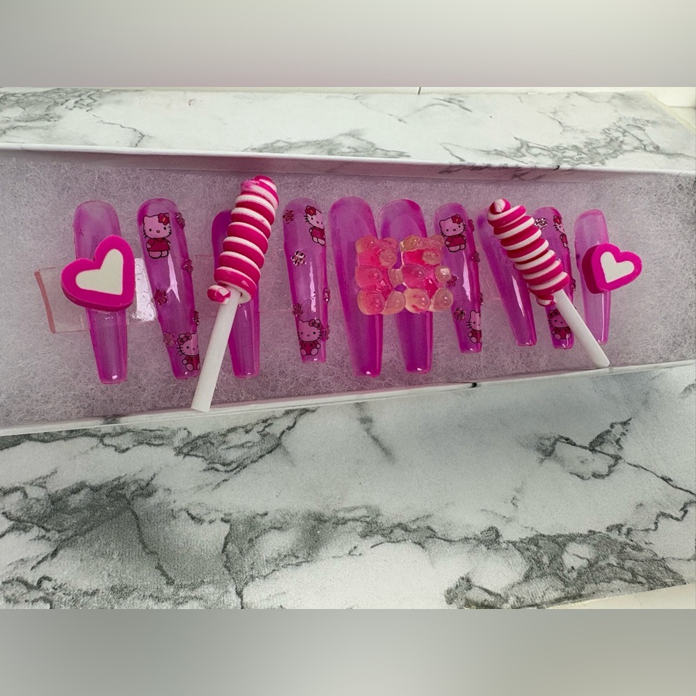 Charming Custom Long Hello Kitty Pink Nail Art Set